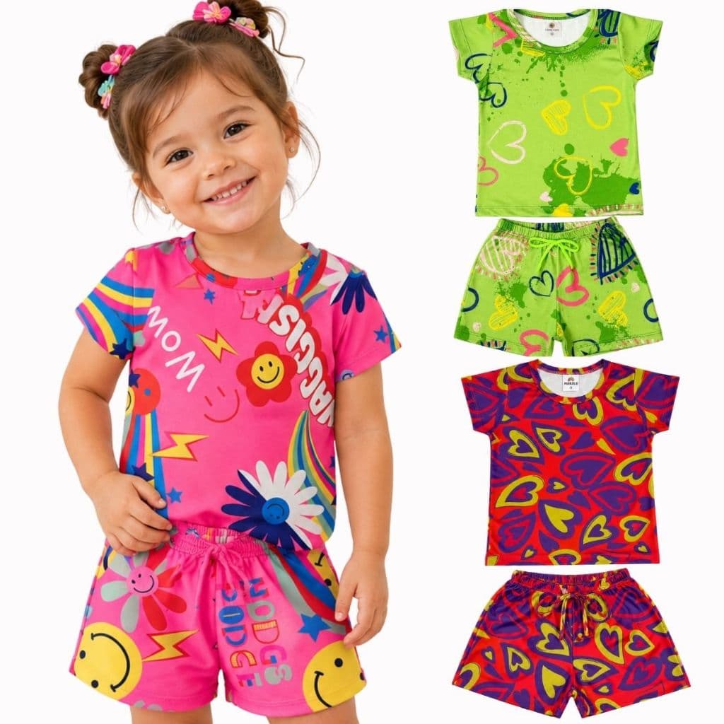 Conjunto Infantil Menina Bloguerinha 1 ao 14 Anos Tecido Canelado | Roupa Verão Menina | Camiseta Infantil + Short