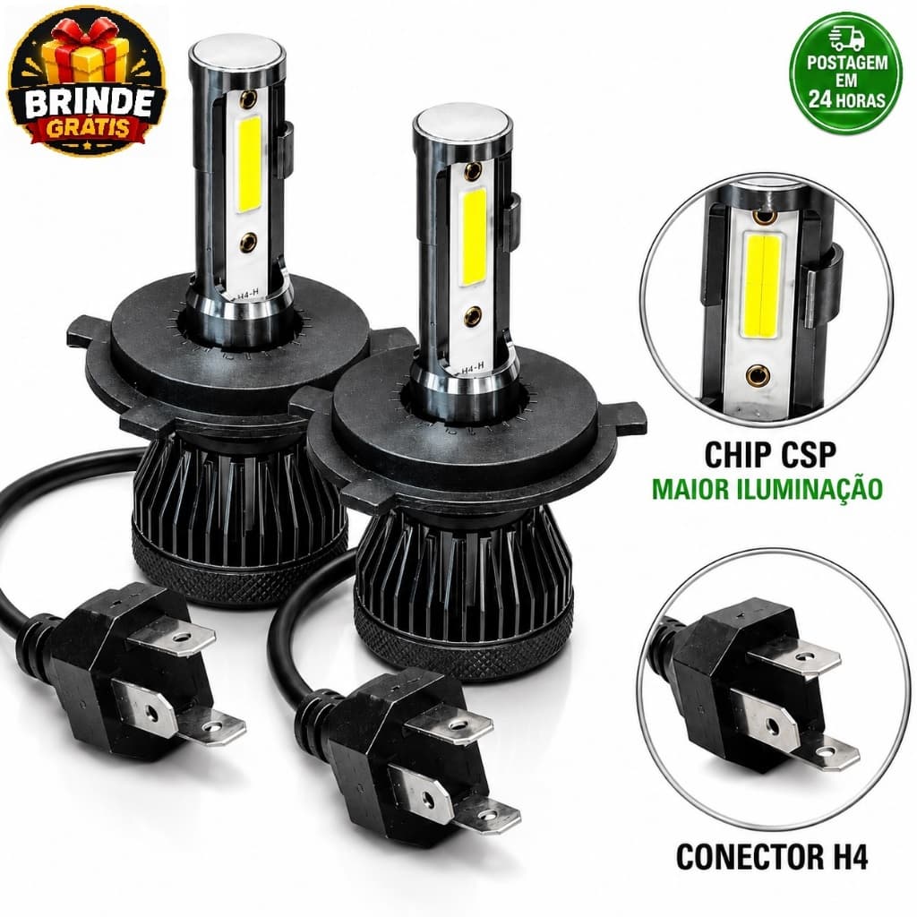 Par Lâmpada Farol LED H4 22000LM 6500K Luz Super Branca Farol Alto e Baixo Efeito Xenom Universal