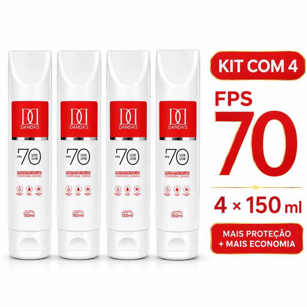 Kit 4 Protetor Solar Dandas 70 FPS  C/ Toque Seco 150ml ANTISSINAIS, ROSTO E CORPO