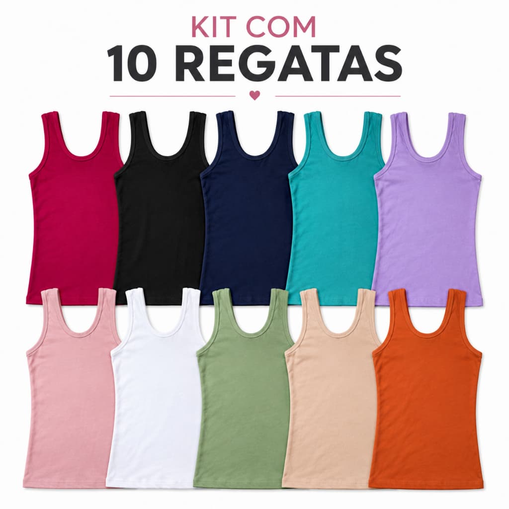 Kit 10 Blusas Regatas Femininas ATACADO Viscolycra Alça Larga Básica Lisa P ao G3 ( Plus Size )
