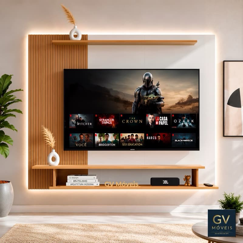 Painel para TV Até 43 e 55 Polegadas Ripado Excalibur 3 Prateleiras- Visual Minimalista Moderno Sala