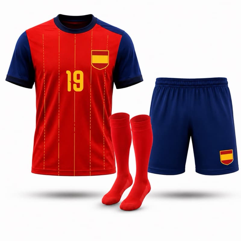 Conjunto de Futebol Espanha Camisa Vermelha 19 e Calção Azul Masculino Premium + 1 par de meião brinde