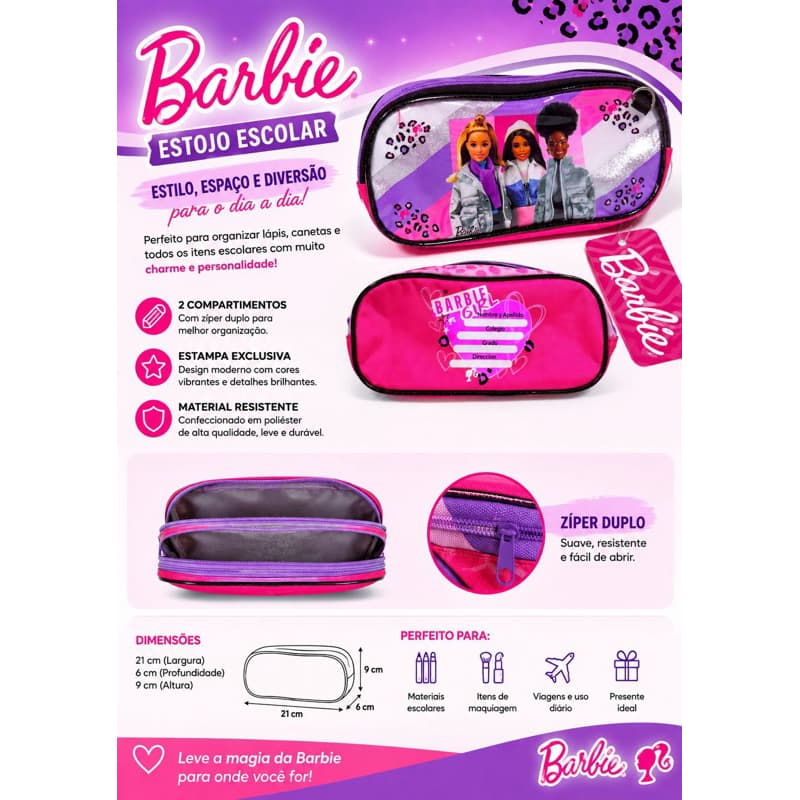 estojo escolar barbie, 2 ziperes, estojo feminino escolar