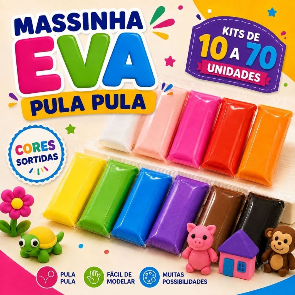 Kit até 70 Massinha EVA Infantil Pula Pula Modelar Artesanato Escolar Lembrancinha Cores Sortidas