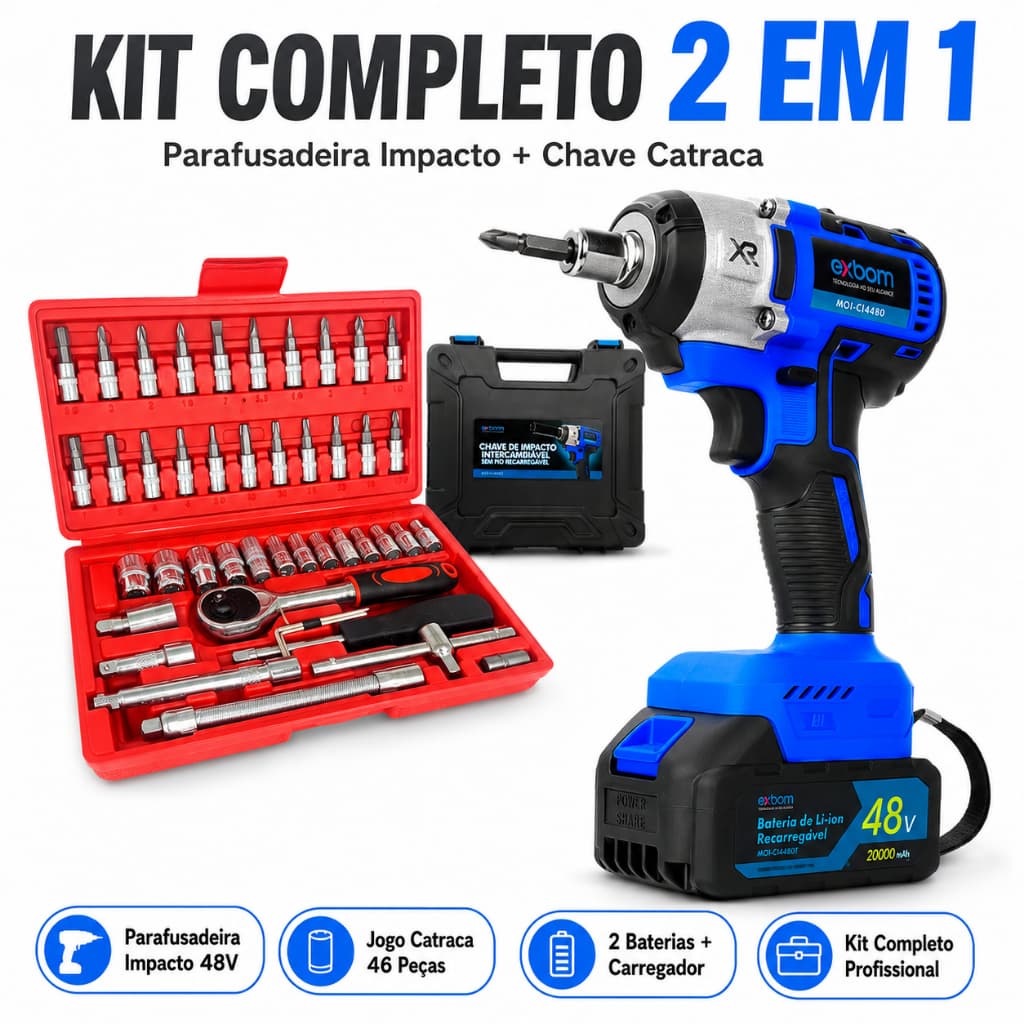 Kit Parafusadeira Furadeira Impacto 48V Soquetes Bivolt 320Nm + 2 Baterias + Chave Catraca 46 Peças