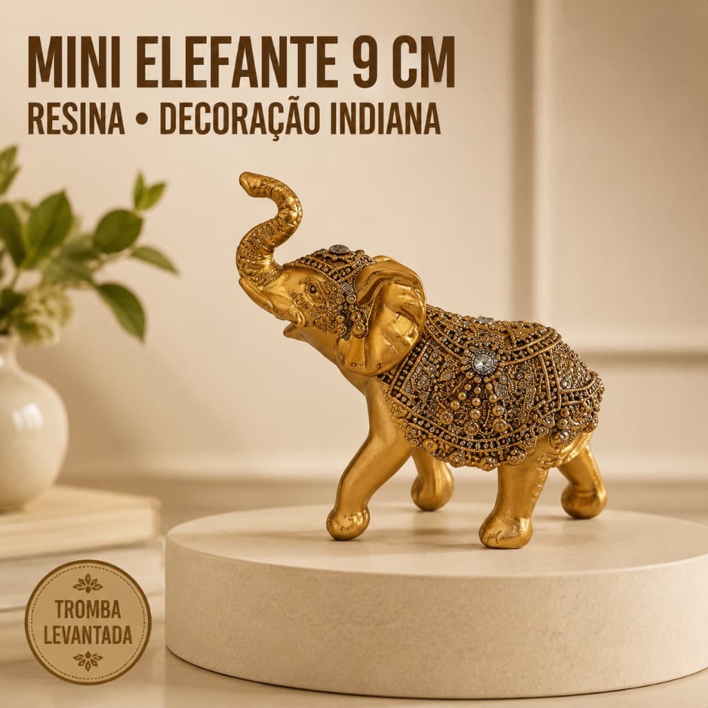 Mini Elefante 9cm Indiano Decoração Resina Sorte Fortuna Dourado
