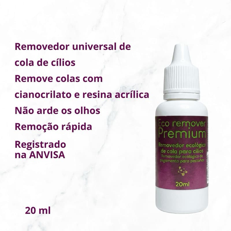 Removedor de Cola de Cílios Eco Remover Premium 20ml Universal Base de Água Remove Fio a Fio Tufos e Telas