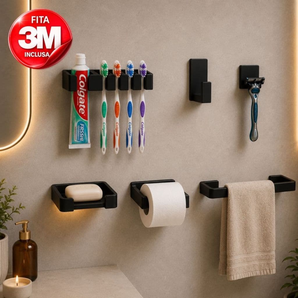 Kit Acessórios Banheiro Completo 6 Peças Sem Furo Adesivo Organizador com Fita 3M