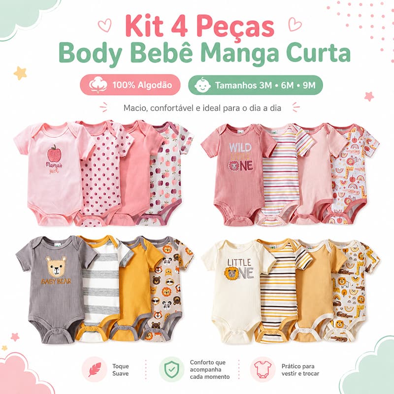 Payifang Kit Body Bebê Menina e Body Bebe Menino 4 Peças 100% Algodão Manga Curta Estampado
