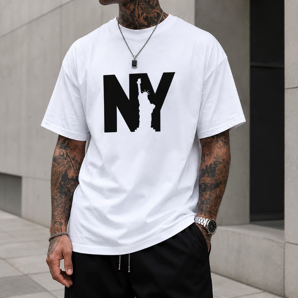 Camiseta Masculina NY Estátua da Liberdade Estampada Manga Curta Streetwear Casual Moda Urbana