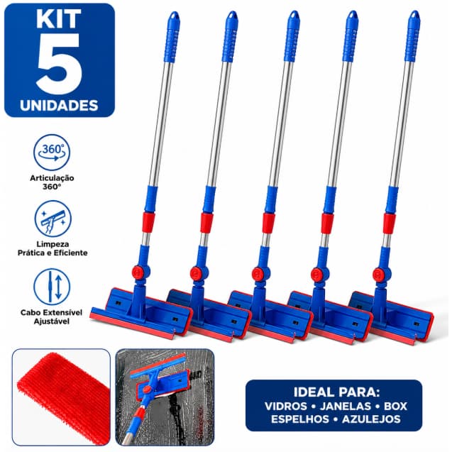 Kit 5 Rodo Limpa Vidros Com Esfregão Cabo Extensível Ajustável Limpeza De Vidros Janelas Box