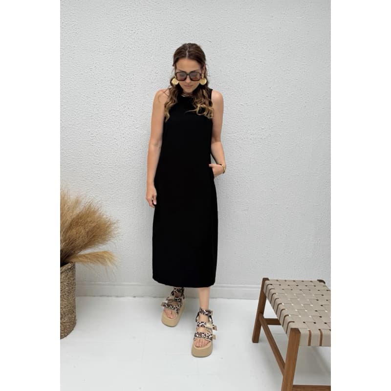 vestido feminino midi regata alfaiataria com fenda e bolsos P AO G1