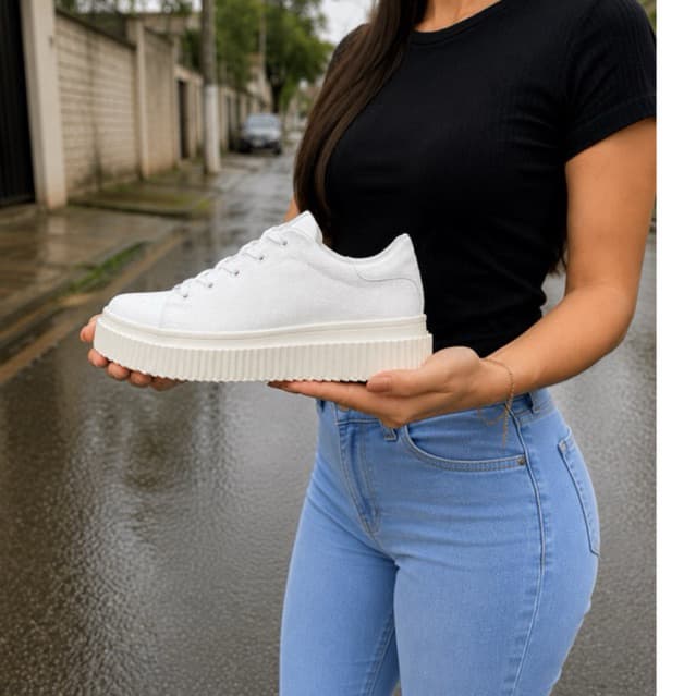 Tênis Plataforma Feminino Sapatênis Branco e Preto Casual  Leve Confortável