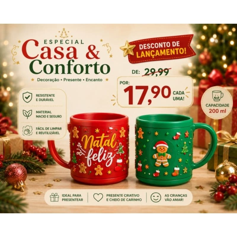 Caneca Natalina 200ml Plástico Emborrachado Presente Lembrancinha Decoração Mesa de Natal