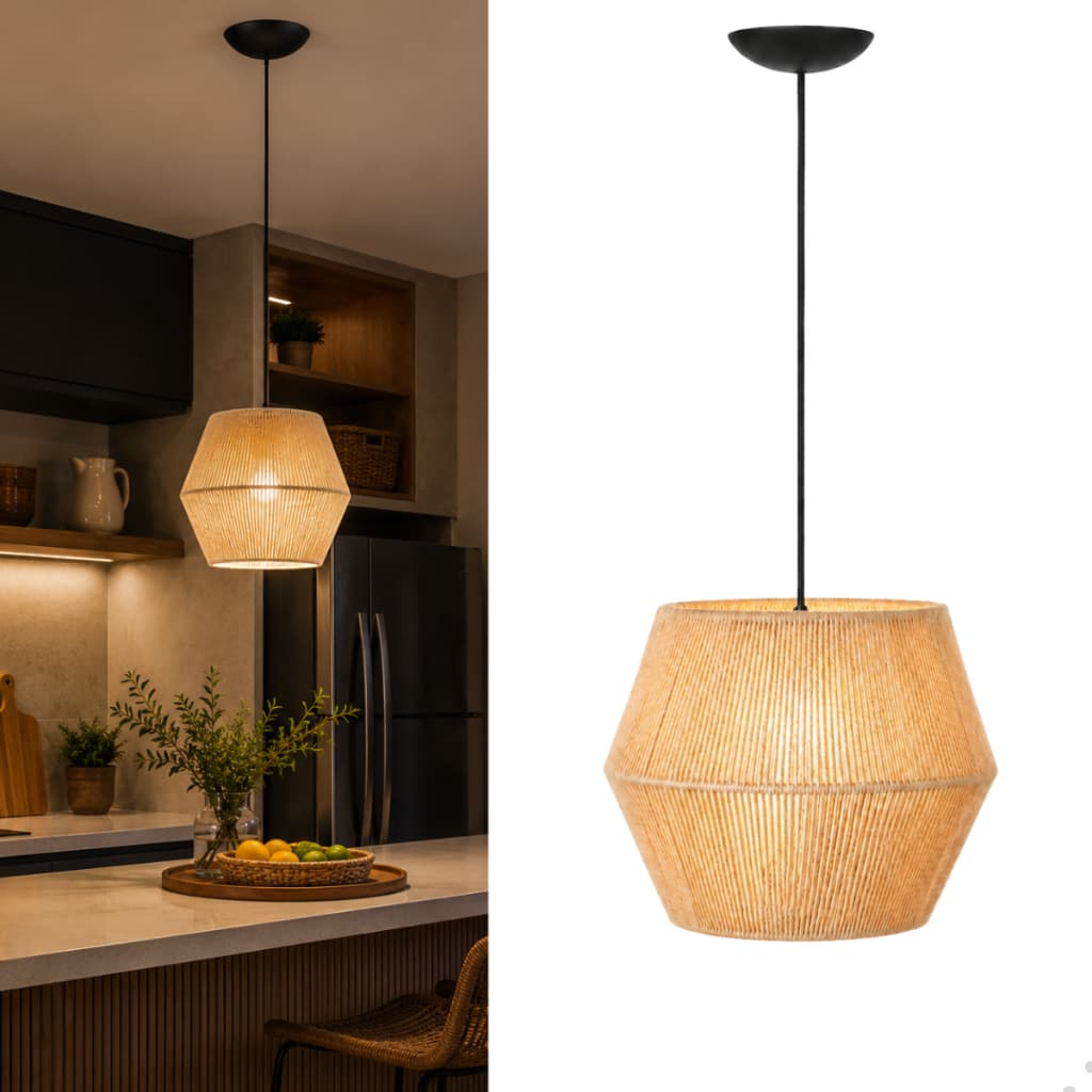 Luminária Pendente Sisal Teto Decoração Retrô Lâmpada Lustre Decorativo Rústico Luz Suspenso Cúpula