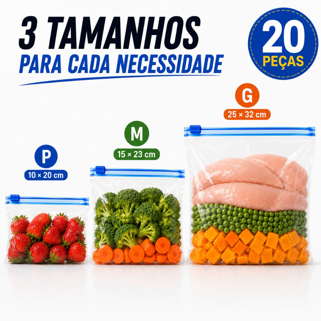 Kit 20 Sacos Herméticos Armazenar Alimento Reutilizável Congelador P M G