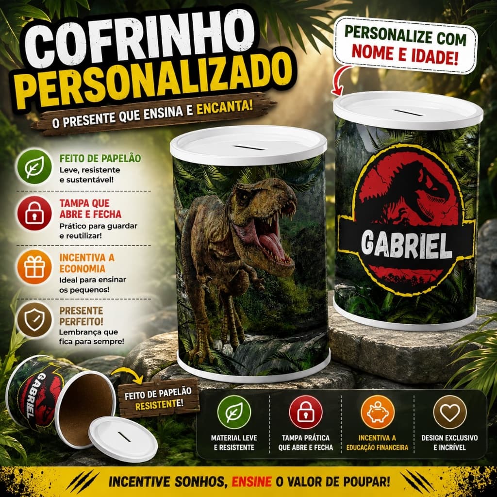 Cofrinhos Personalizados Festa Jurassic | Kits 9/12/15/24/30