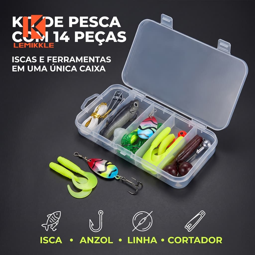 LEMIKKLE -Iscas Artificiais Completa 14 Peças com Caixa, Anzóis Jig Head, Iscas Macias e Acessórios para Pesca Esportiva