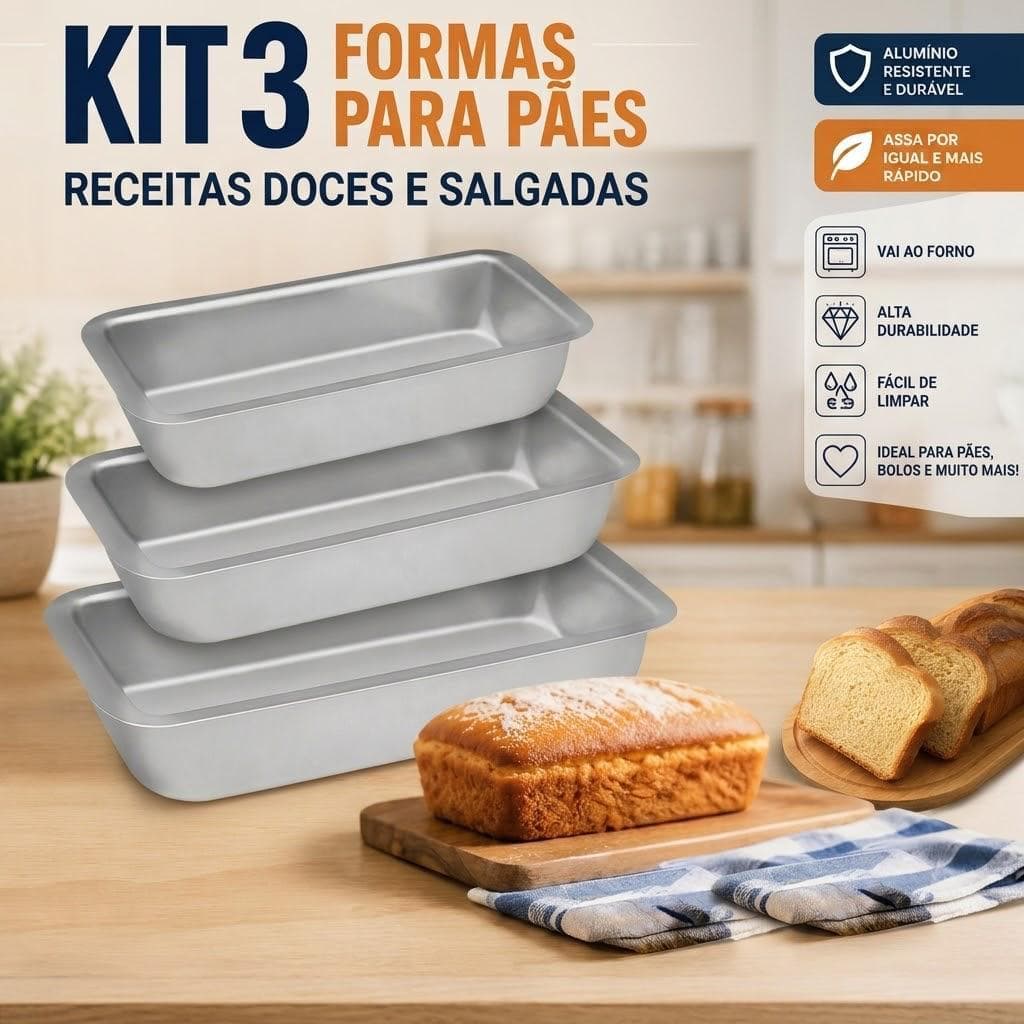 Kit com 3 Formas Assadeiras Pão Inglês Retangular Alumínio Bolo Forno Confeitaria Torta Conjunto