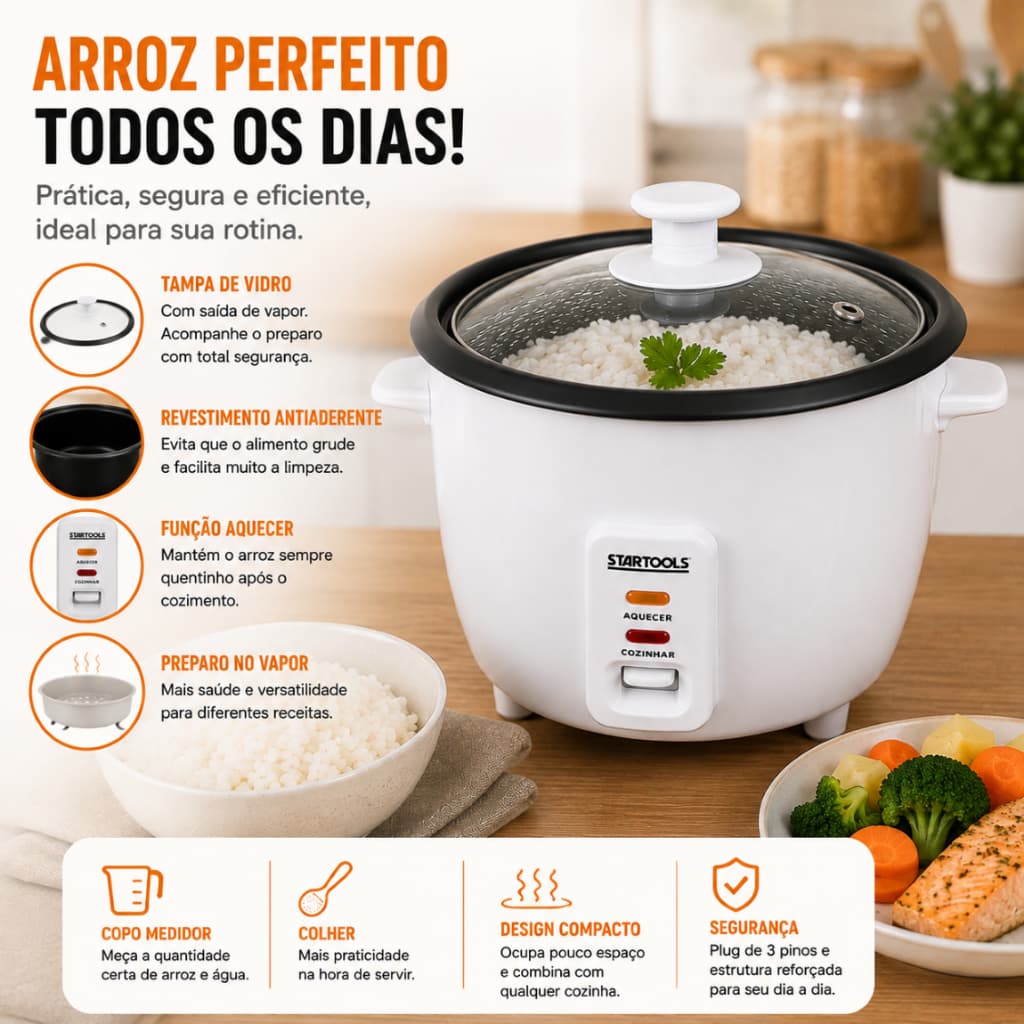 Panela de Arroz Elétrica 1,3L 400W 220V com Vapor e Função Aquecer Branca