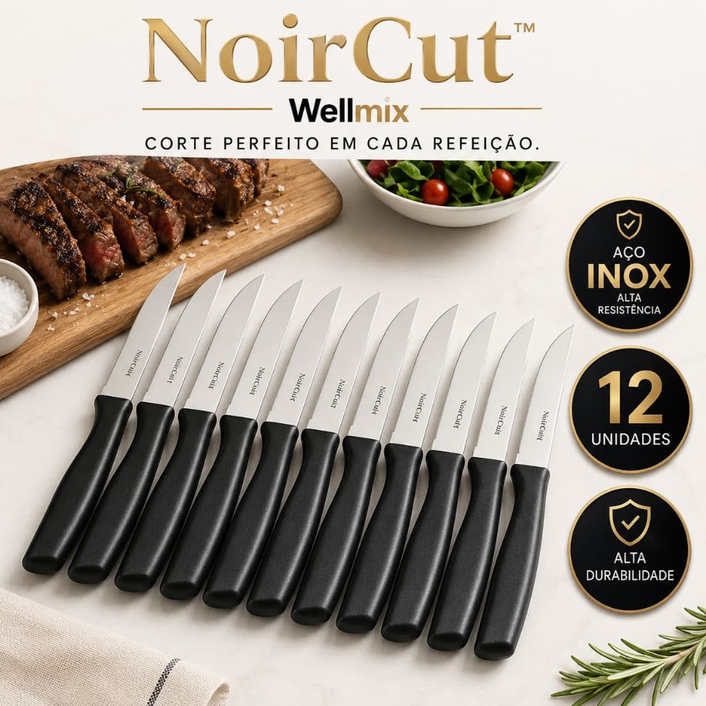 Kit 12 Facas Churrasco Mesa Aço Inox Serrilhada Cabo Preto NoirCut