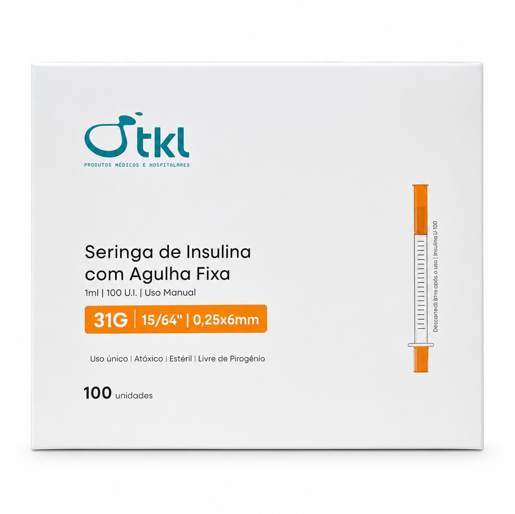 Seringa de Insulina Botox Vacina com Agulha Fixa 6mm 1ml 100ui 31G Estéril