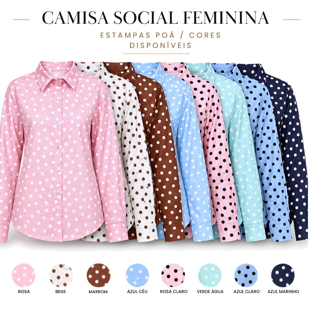Camisa Social Feminina Poá Manga Longa Crepinho Bolinha Gola Colarinho Elegante Trabalho M ao G1