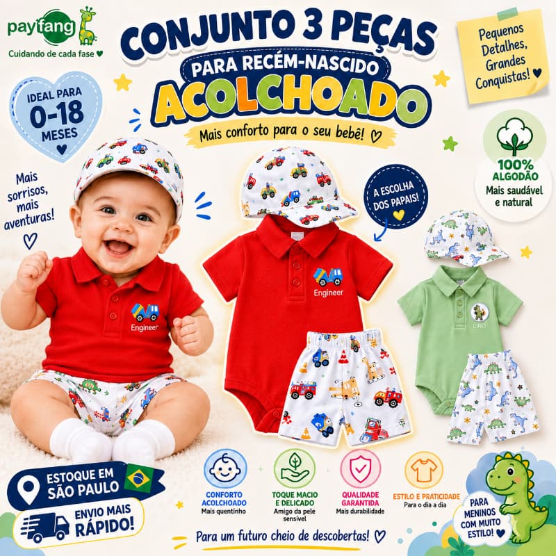 Payifang Conjunto Bebê Menino 0-18 Meses 100% Algodão Body Polo Caminhões Obras Short Chapéu Roupa Verão Infantil