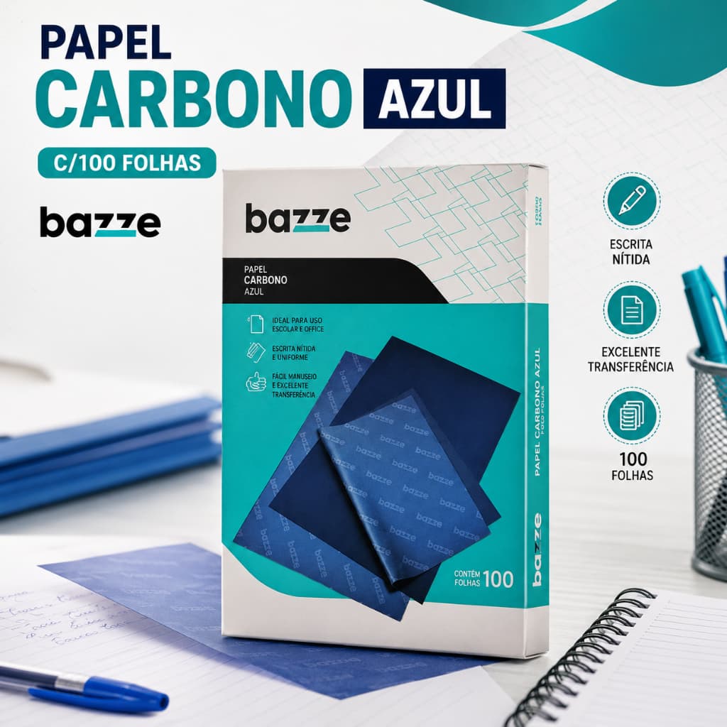 Papel Carbono Azul Bazze 100 Folhas para Cópias Documentos e Formulários