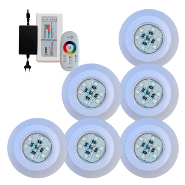 Kit Iluminação Refletor 6 Led 9w Rgb Piscinas Controlador Touch + Fonte