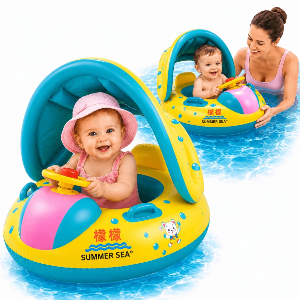 Boia Bote Bebê Infantil Inflável Piscina Praia Com Cobertura Amarela e Azul com Detalhe Rosa