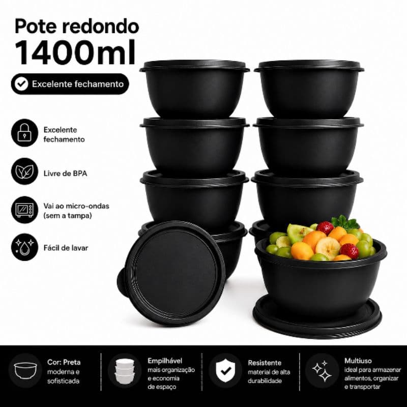 Kit 10 Potes Bowl 1400ml Plástico com Tampa – Marmita Cozinha, Freezer, Micro-ondas e Lava-Louças.