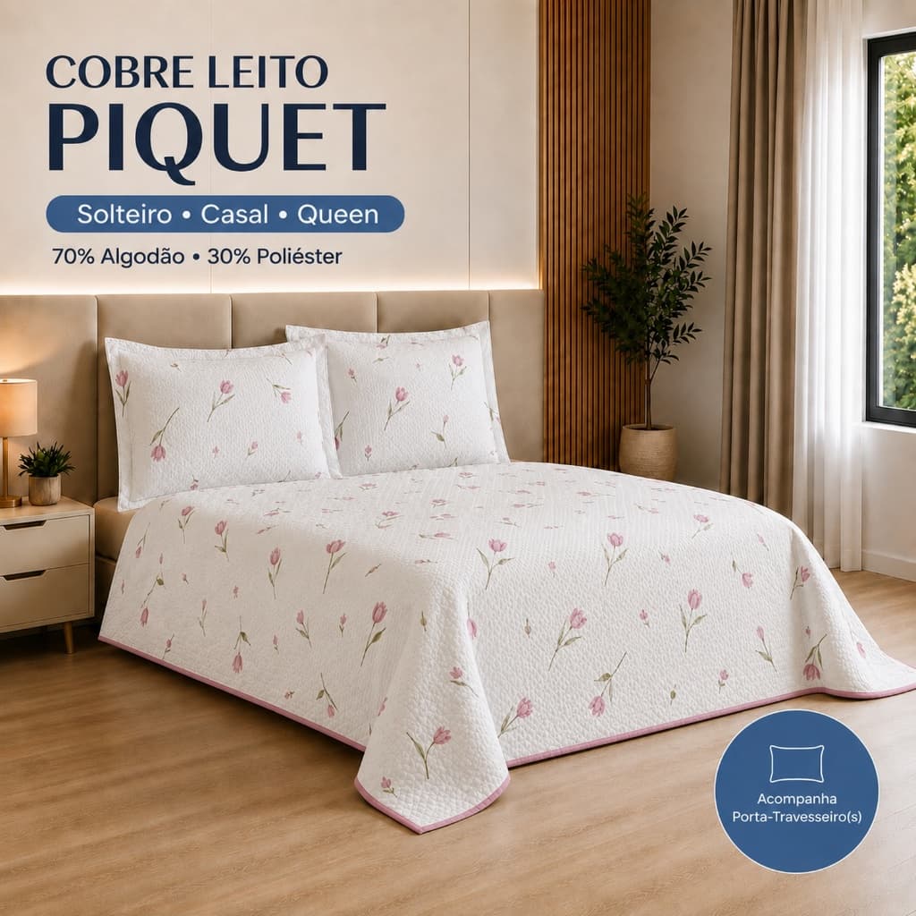 Cobre Leito Piquet Solteiro, Casal e Queen + Porta Travesseiro