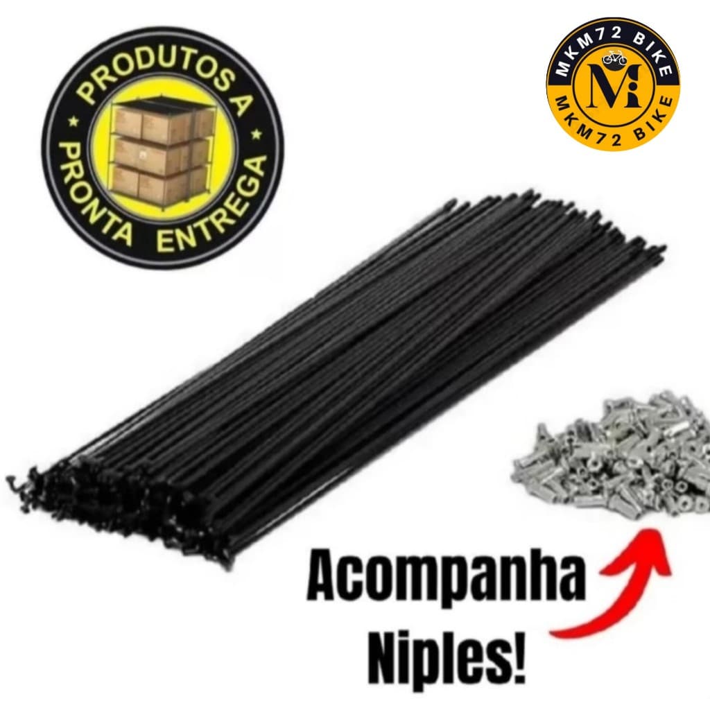 Raios para Bicicleta Aro 29 Aço Zincado, 2.0 x 288mm Preto, com Niples Cromados
