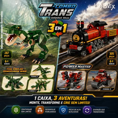 Bloco tipo LEGO COMBO-TRANS 3 em 1 Locomotiva e Dinossauro Colecionável Brinquedo de Menino Presente 6 Anos