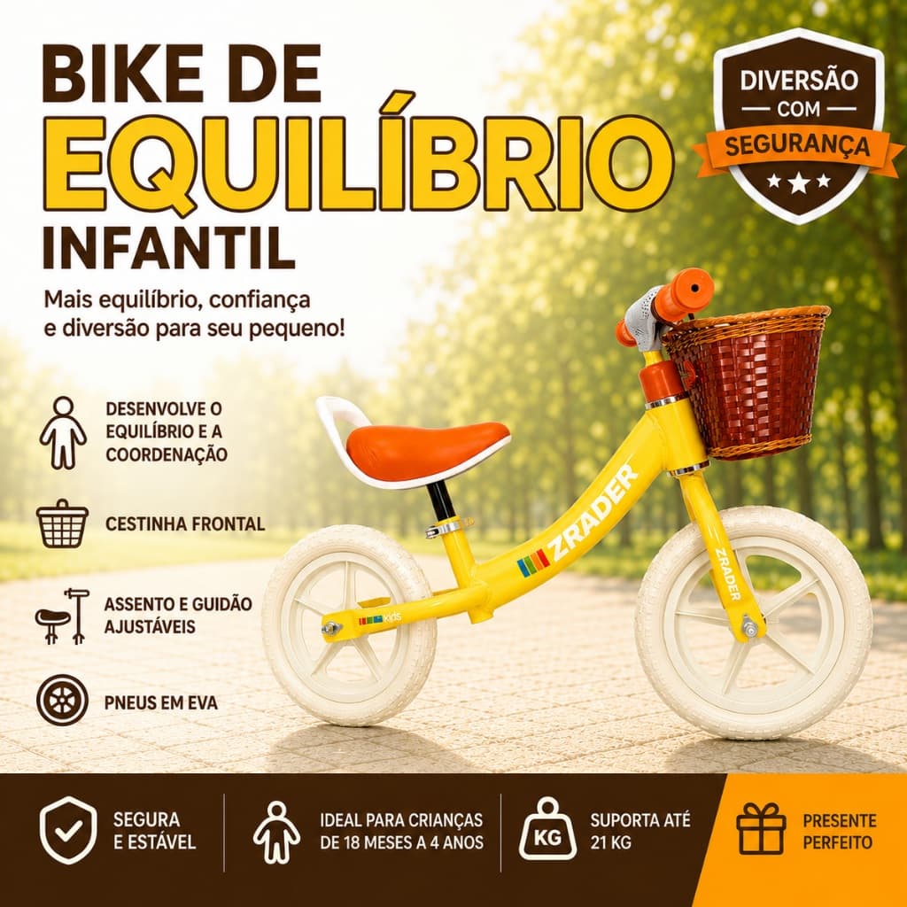 Bicicleta de Equilíbrio Balance Bike Infantil Sem Pedal com Cestinha Leve Resistente Para Criança Amarela