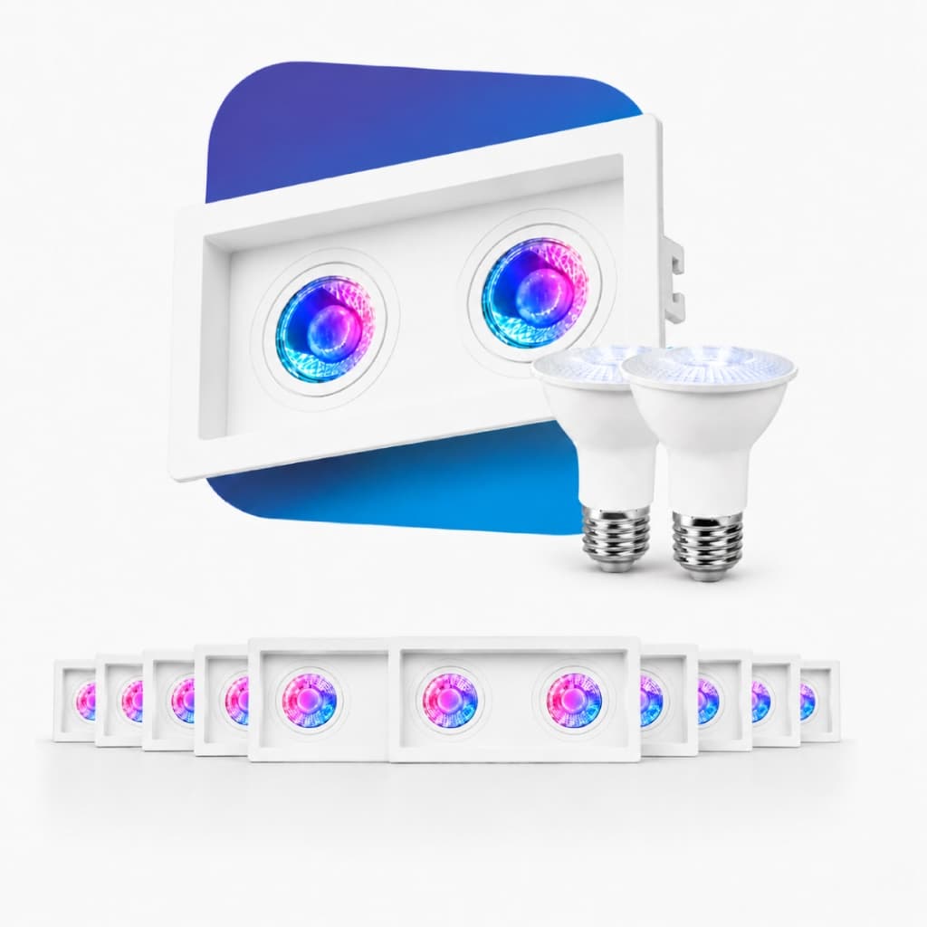 Kit 10 Spot Recuado Duplo + Lâmpadas Led Inteligente Wi-fi 2.4  ou Zigbee Par20 7w RGB E27 Branco ou Preto Neo Avant