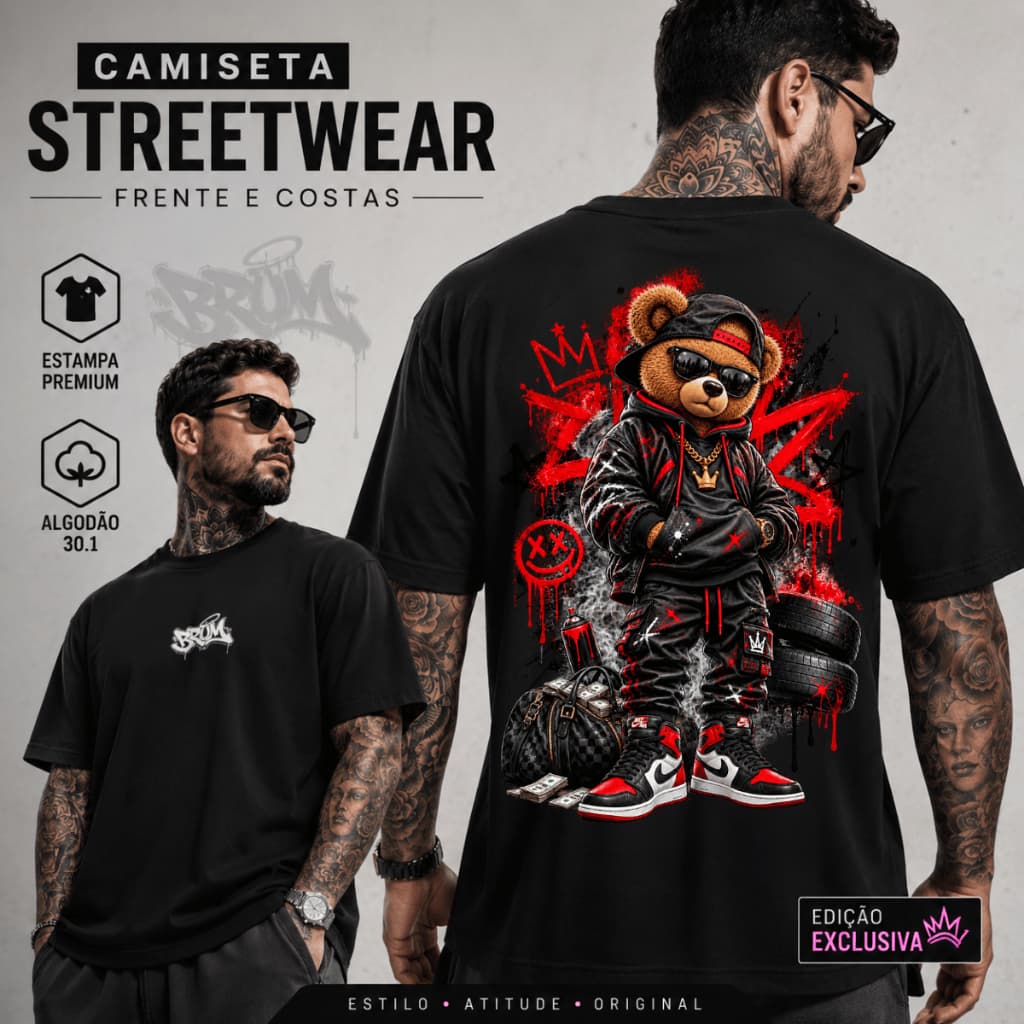 Camiseta Masculina 100% Algodão Streetwear Estampa Urso Bear Grafite Urbano Camisa Casual Hip Hop