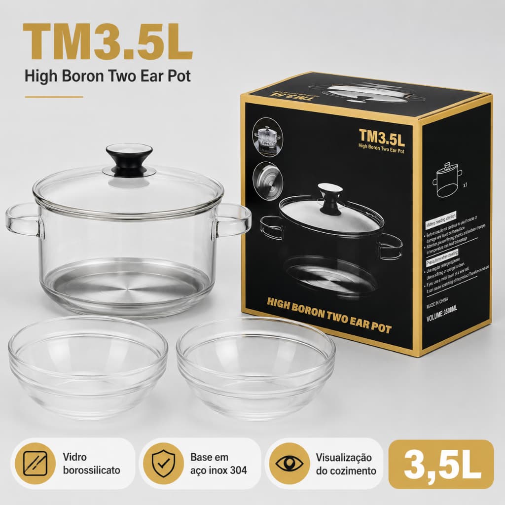 Conjunto Panela de Vidro 3,5L com Tampa Base Inox + 2 Tigelas para Gás Elétrico e Vitrocerâmico