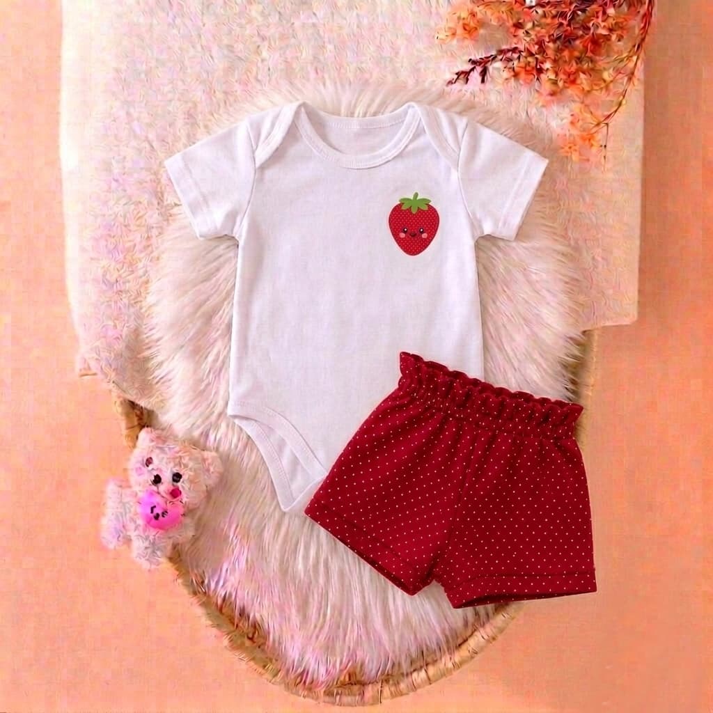 Body e Shorts Coleção Frutinhas Bordado Bebê Menina de Verão