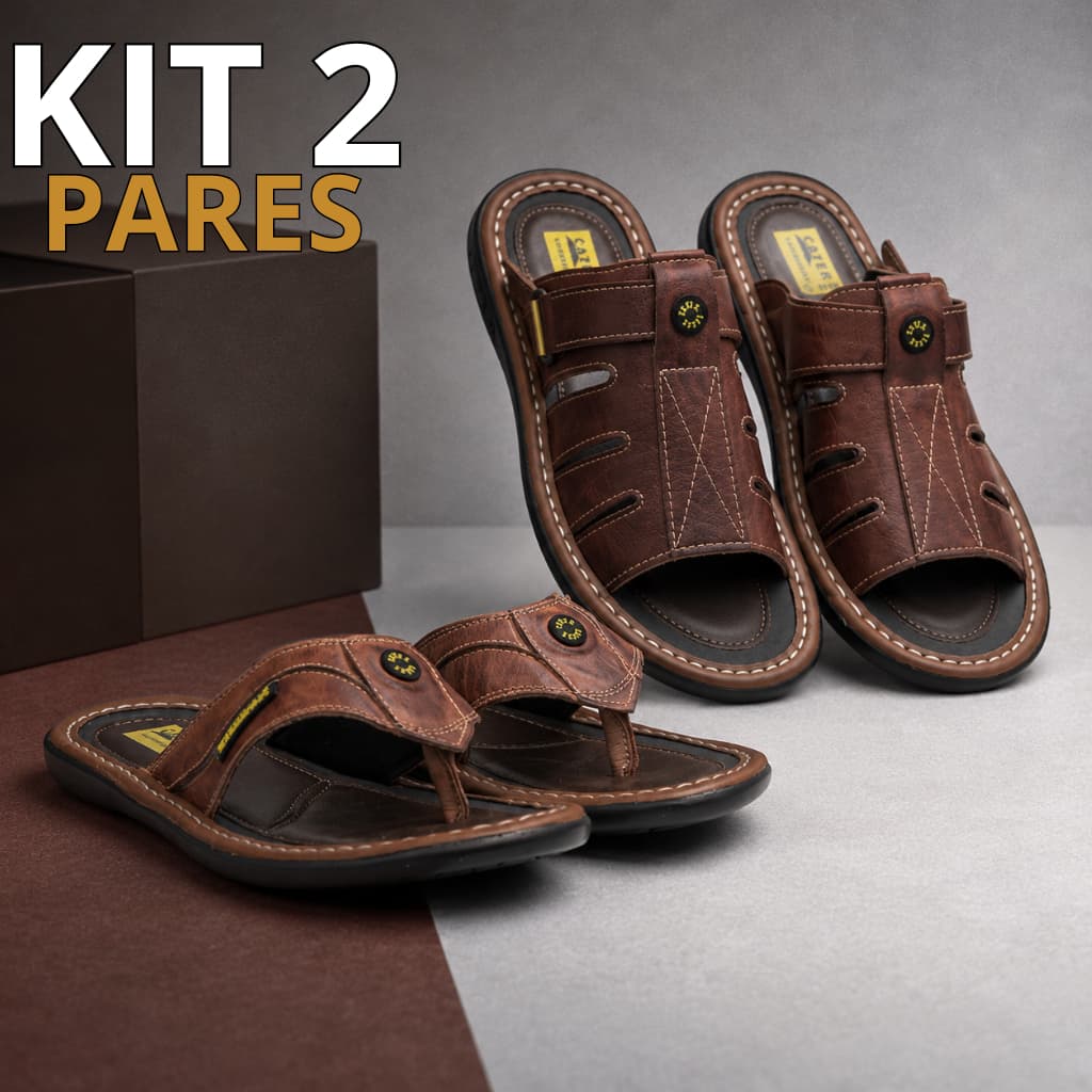 Kit 2 Pares Chinelo e Sandália Masculina Cater em Couro com Sola de Borracha Macia e Confortável