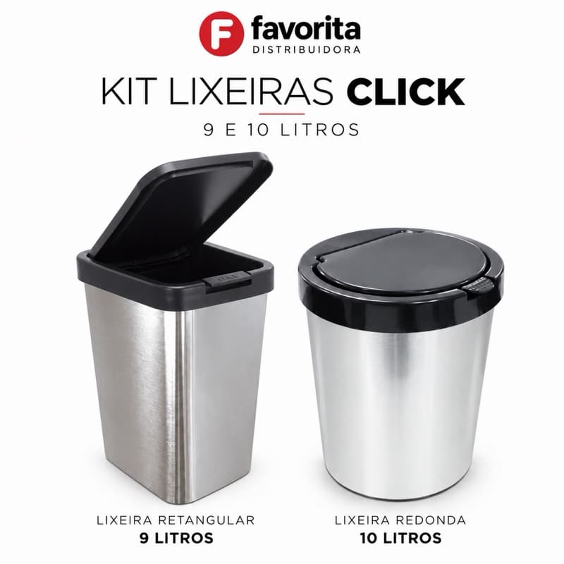 COMBO Lixeira pequena banheiro 9l plástico + Lixeira cesto tipo inox tampa click 10L TOY