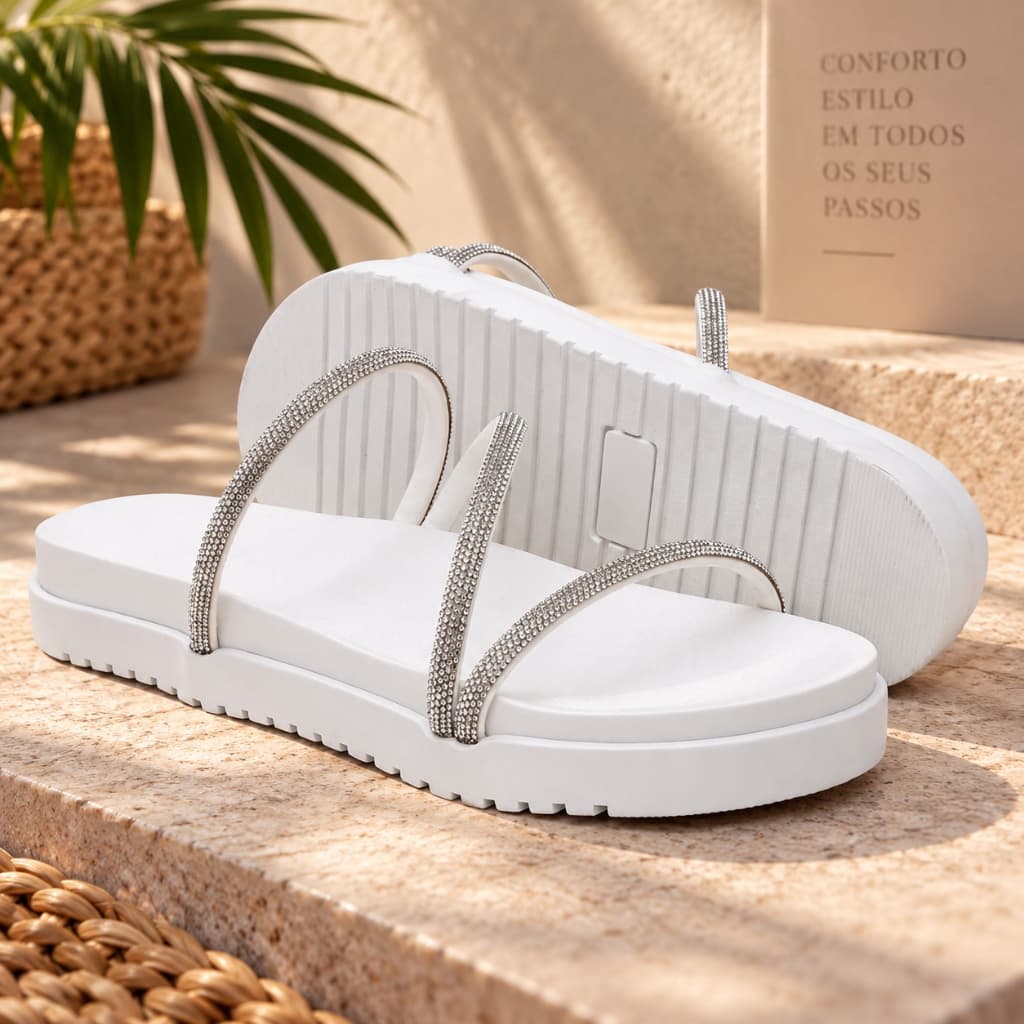 Papete Feminina Strass Brilho Sandália Plataforma Flatform Confortável Casual Verão Dia a Dia