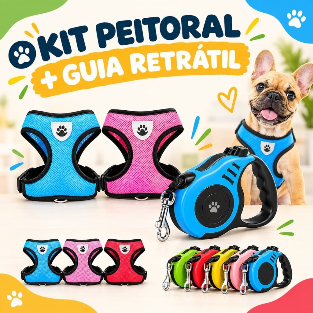 Guia + Coleira Peitoral Colete Gato Cachorro Guia Retrátil Ajustável Pet Passeio Cães Pequenos Médios Gran