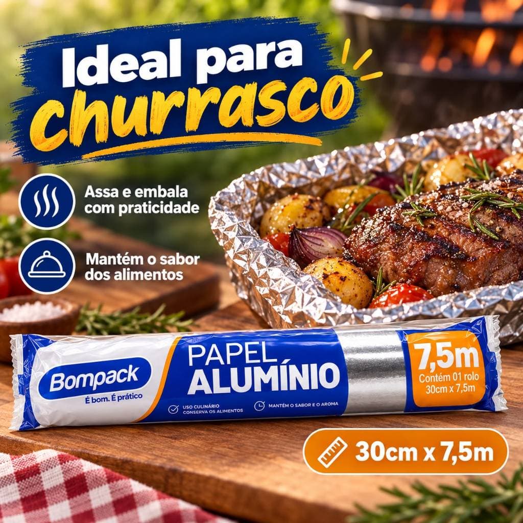 Papel Alumínio Bompack 30cm x 7,5m Rolo para Churrasco Assados Forno Cozinha Conservação Alimentos