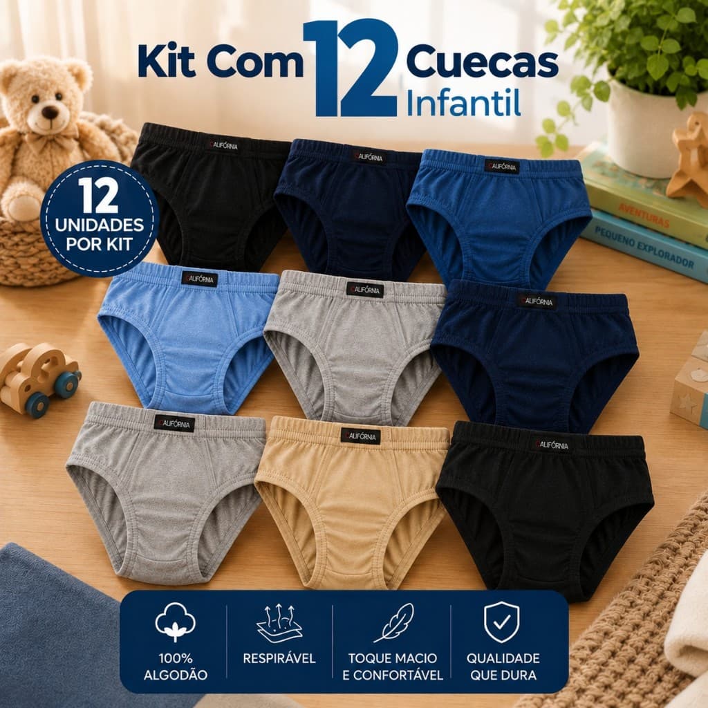 Kit 12 Cuecas Infantil Menino Algodão Liso Criança California Conforto Reforçado Melhor Preço Atacado