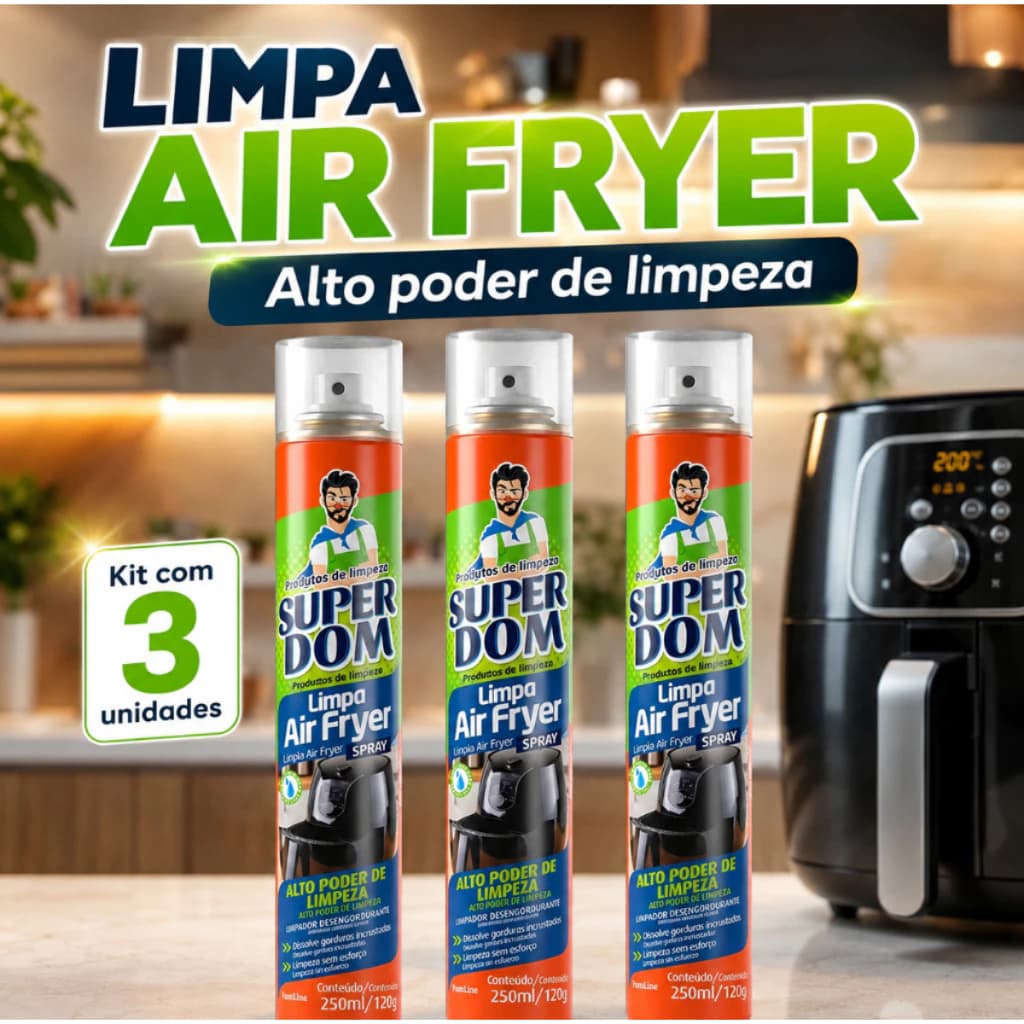 3 unidades Limpa Air Fryer Spray 250ml Desengordurante para Fritadeiras Fornos e Grelhas