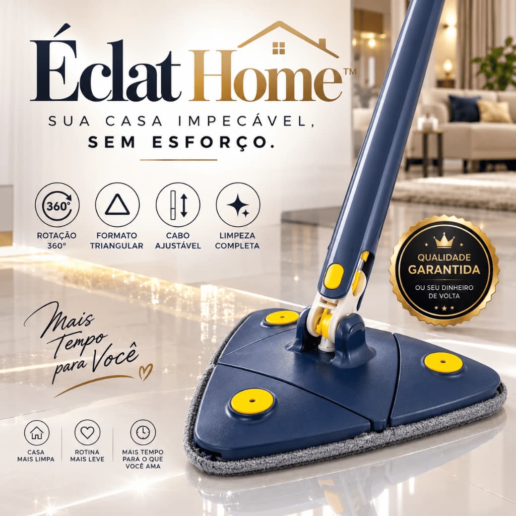 Mop Giratório Triangular 360° Éclat Home™ com Cabo Ajustável para Limpeza de Pisos, Cantos e Rodapés