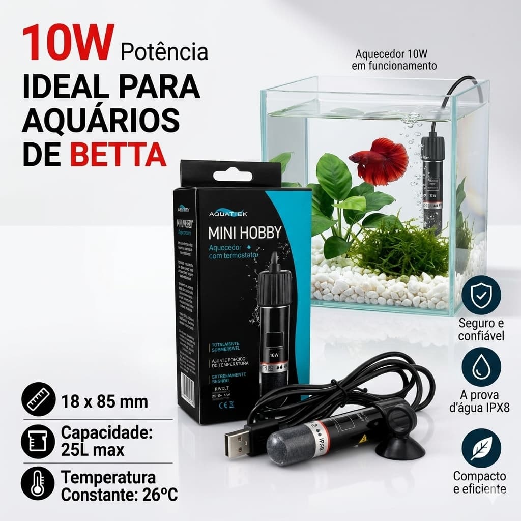 Aquecedor Termostato Mini Hobby Aquario 10w Para Betta Bivolt p até 10 litros ideal para beteiras