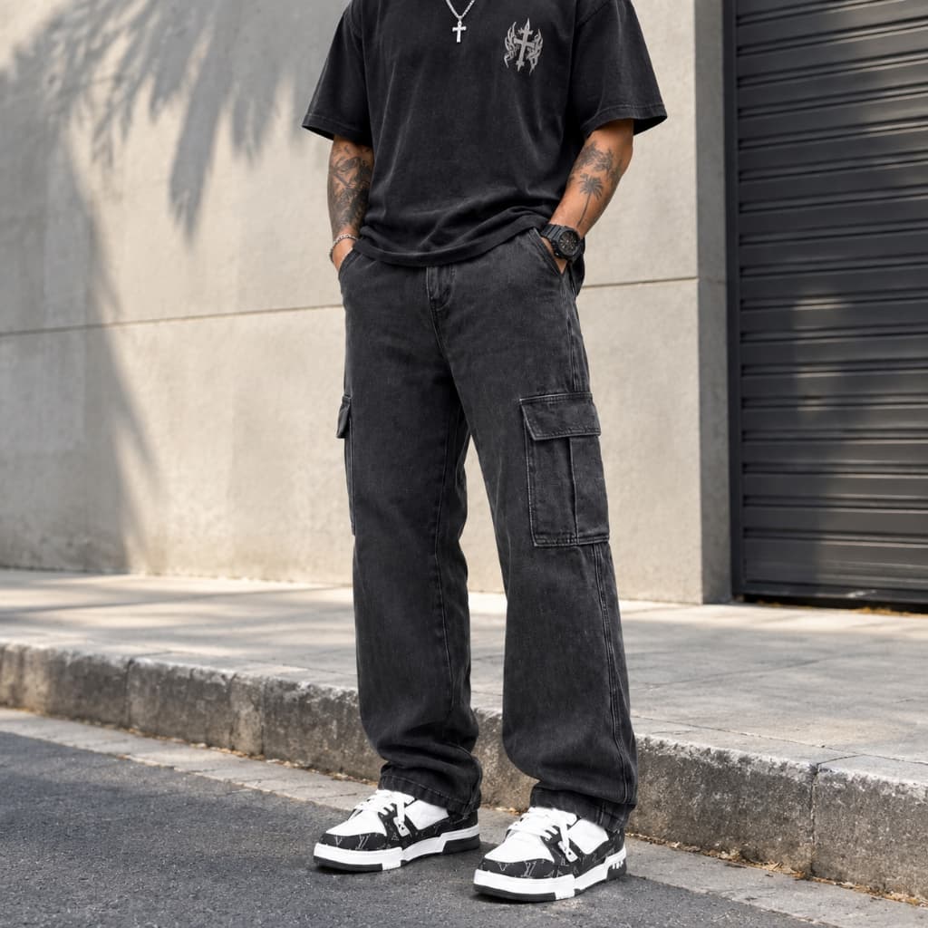 Calça Jeans Cargo Masculina Wide Leg Algodão Elastica, Bolso Funcional Solto Confortável Estilo Streetwear Uso Diário Az